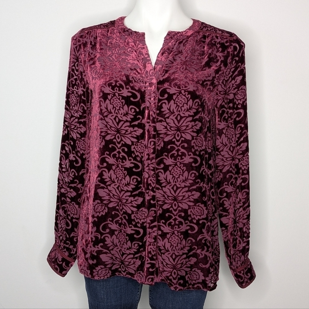 Sundance Maroon Floral Velvet Burnout Long Sleeve Button Up XS